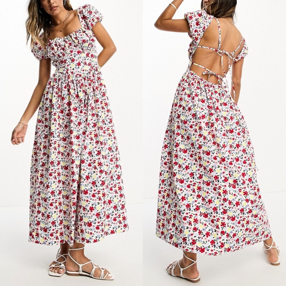 NEW ASOS DESIGN Floral MILKMAID Ruched Bust OPEN TIE BACK Cotton MIDI DRESS 10